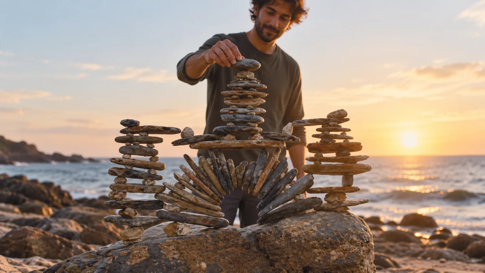 Person stacking stones by the ocean