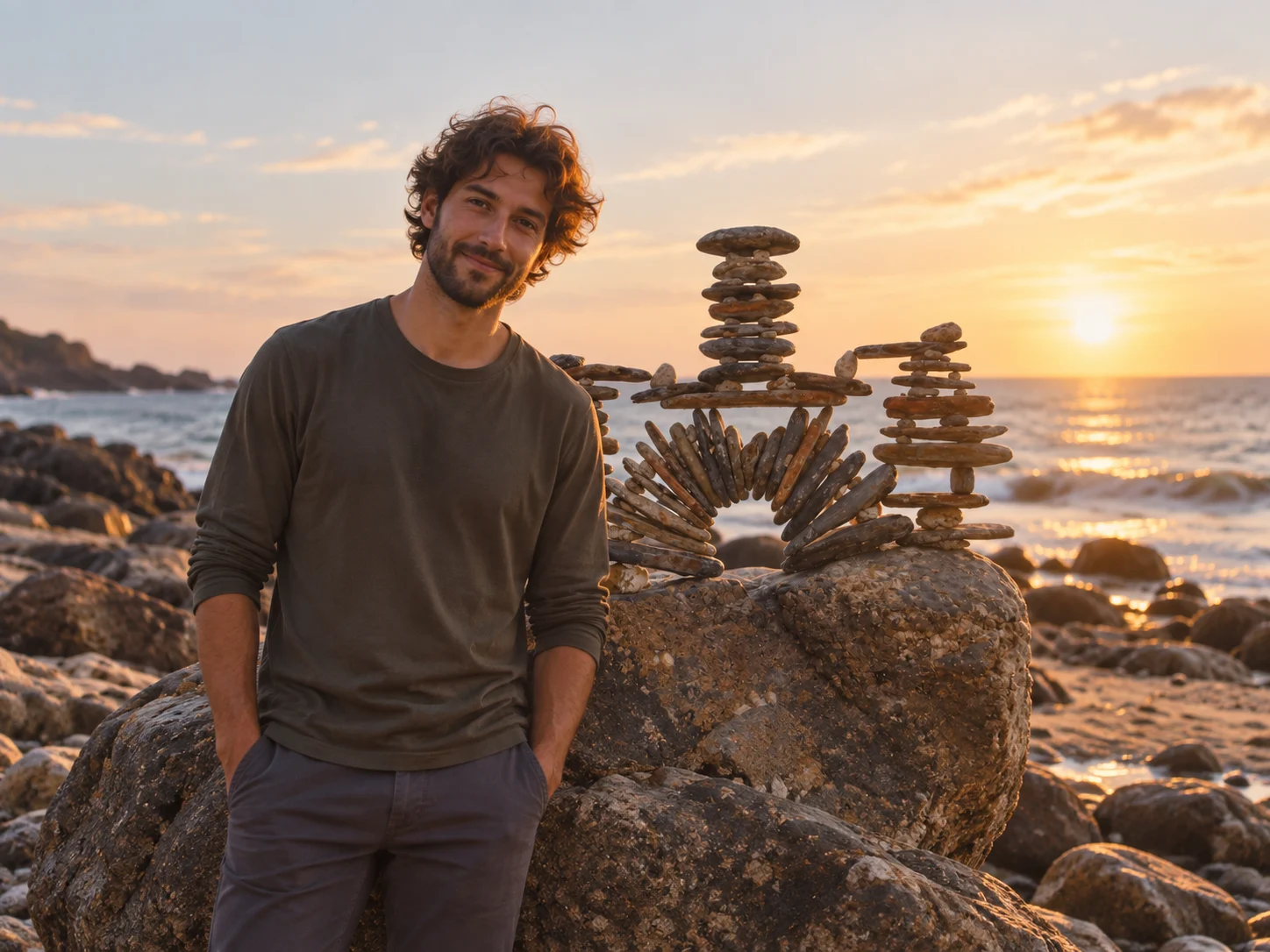 Person balancing stones by the ocean