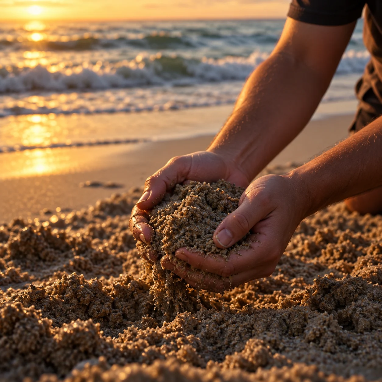 Hands holding sand at the beach