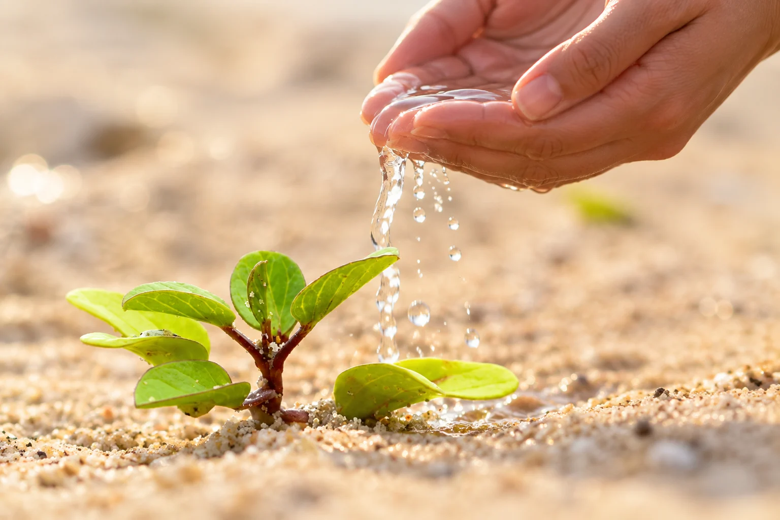 Hands watering a young plant