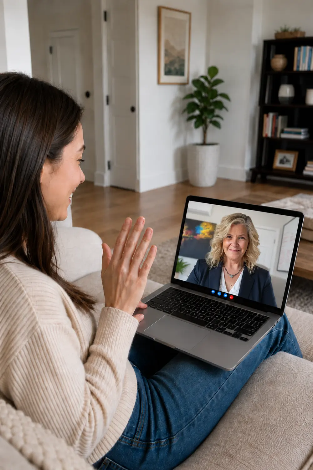 Adult attending a telehealth therapy session by laptop from home
